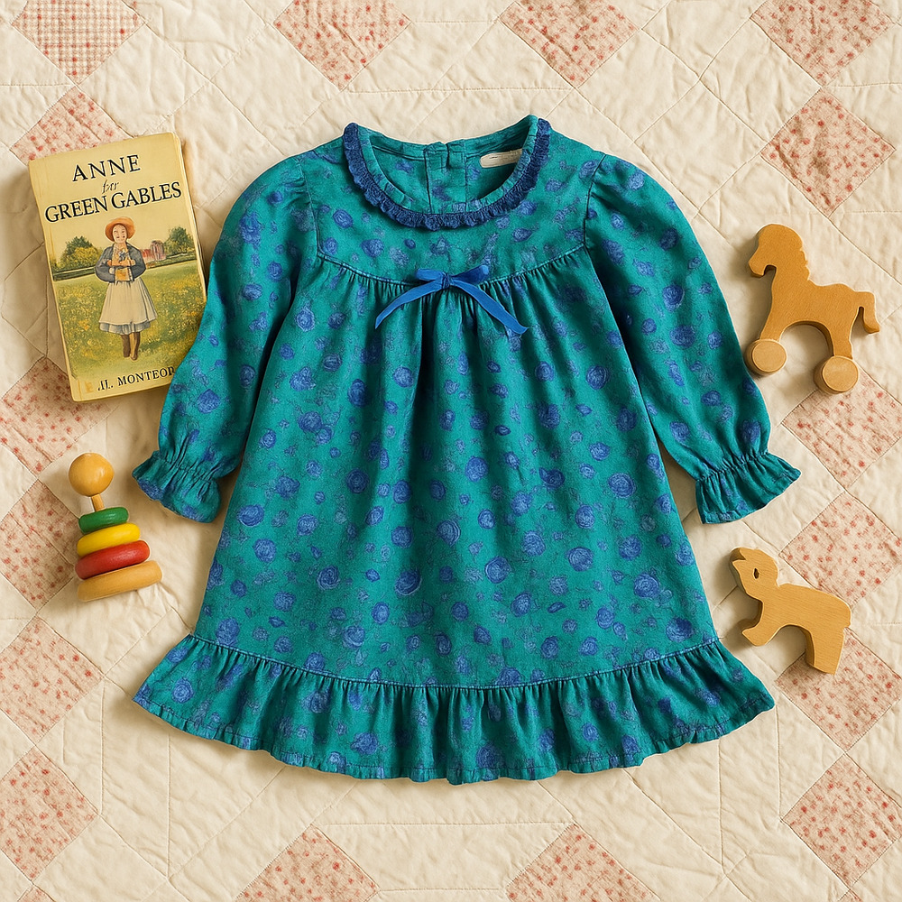 Allison Ann Vintage 1980s Girls Dress – Teal & Periwinkle Floral | Size 3T